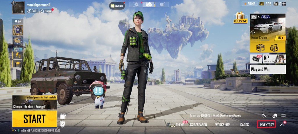 BGMI main lobby with the Inventory button highlighted in the bottom menu