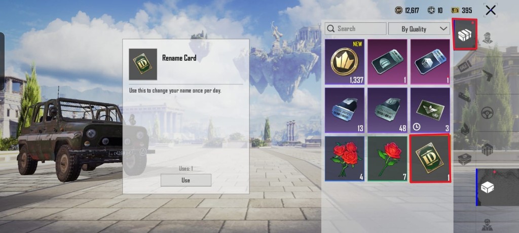 BGMI inventory showing the Rename Card selected with the Use button