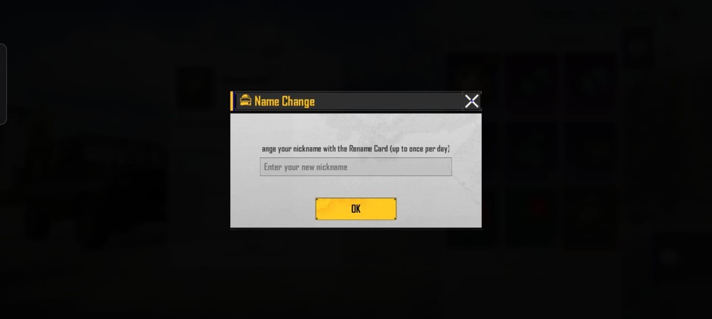 BGMI Name Change dialog with the nickname input field and OK button