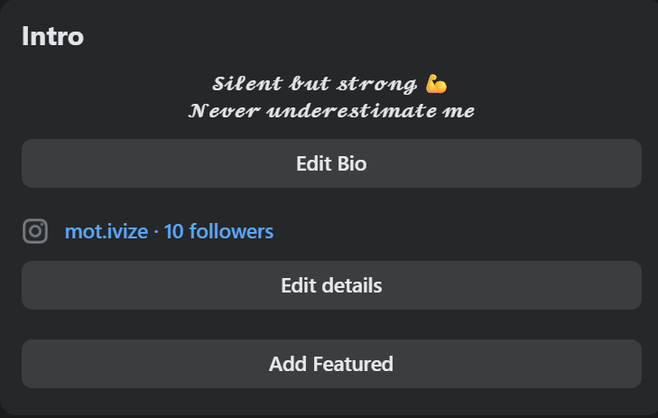 Facebook profile Intro section showing a bio with bold cursive and Fraktur Unicode fonts above Edit Bio buttons