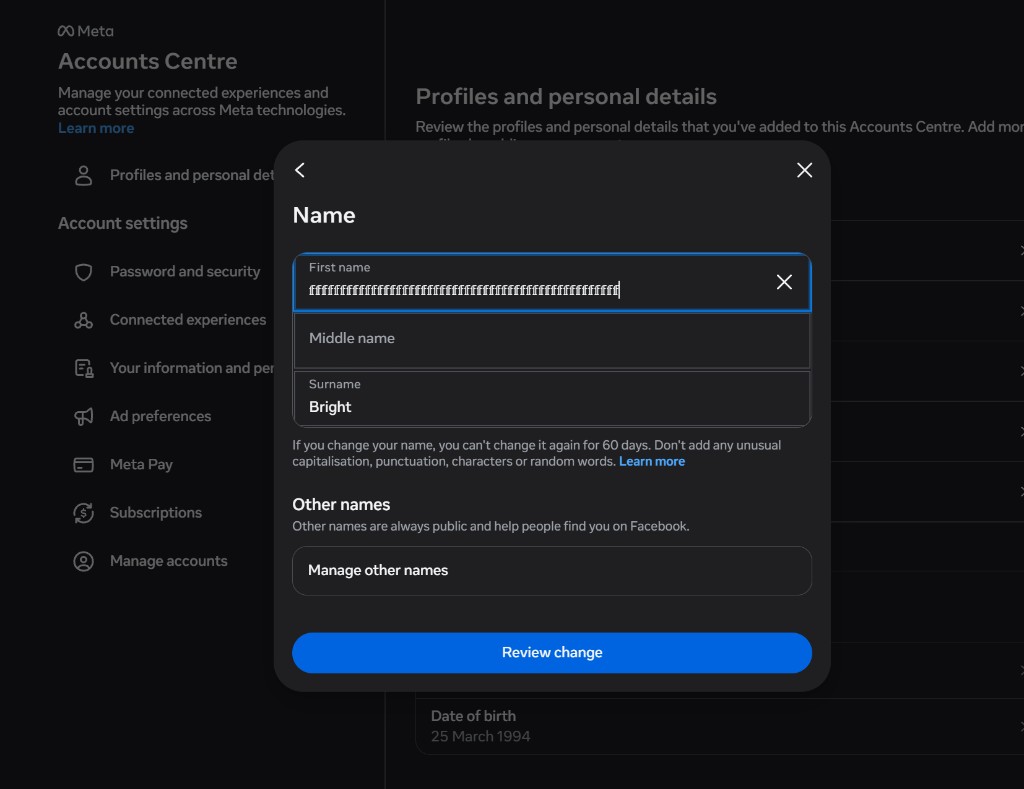 Screenshot of the Meta Accounts Centre name change interface, showing a stylized gothic font being pasted into the first name input field.