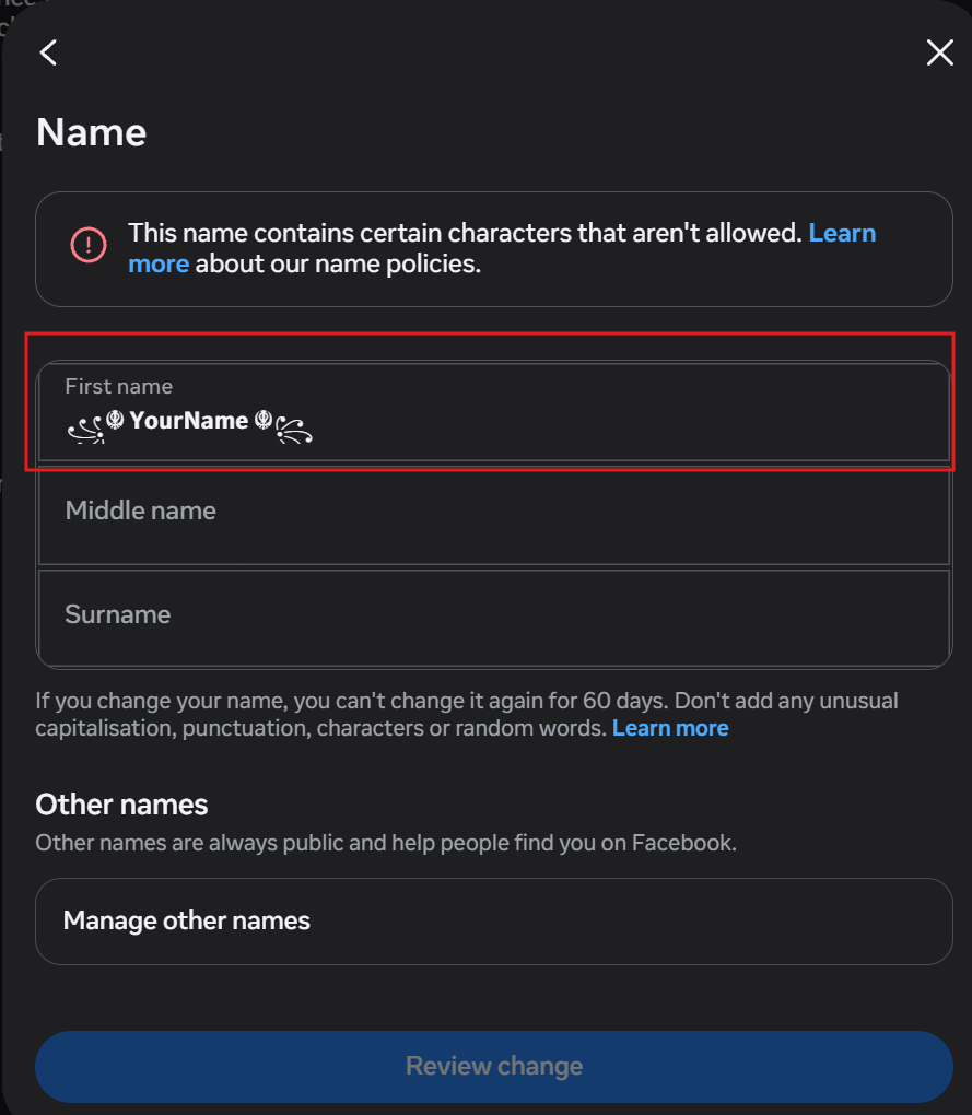 Facebook name change screen showing an error that the entered stylish name contains characters that aren't allowed