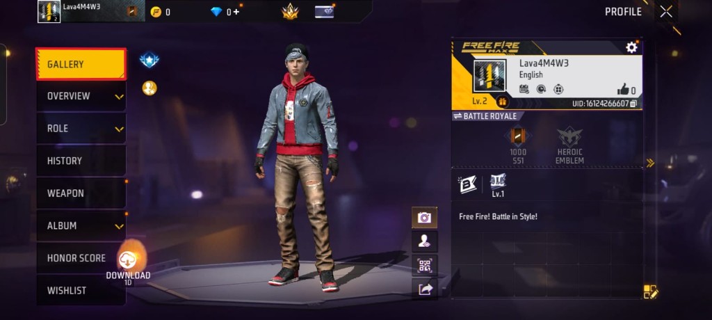 Free Fire profile screen with the edit icon highlighted on the player info card