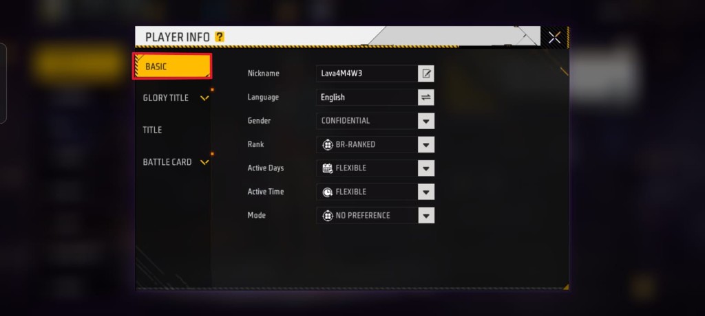 Free Fire Player Info screen with the Basic tab and nickname edit button highlighted
