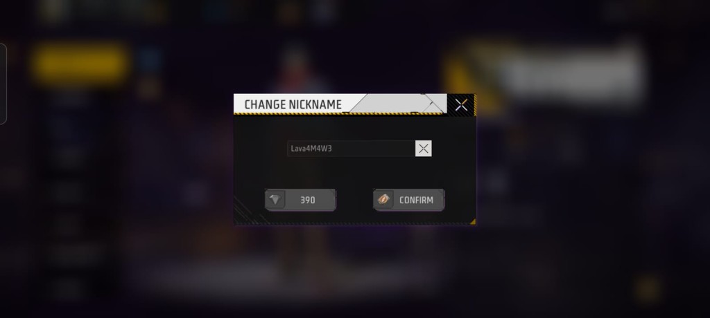 Free Fire Change Nickname dialog with the input field and Confirm button